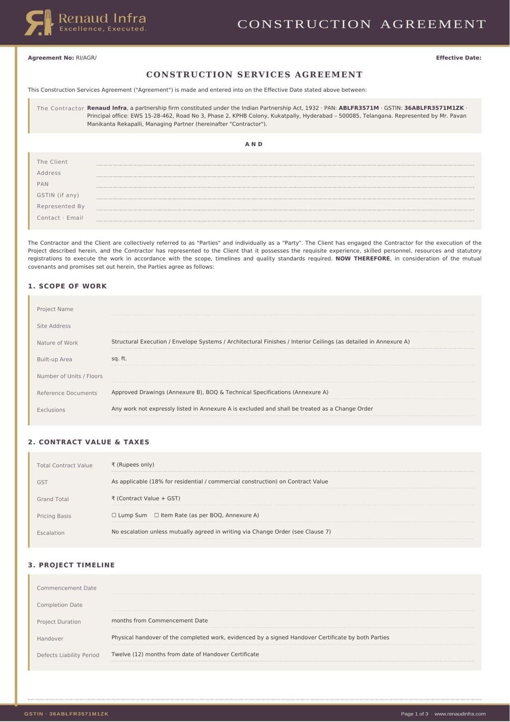 Construction Agreement — sample page